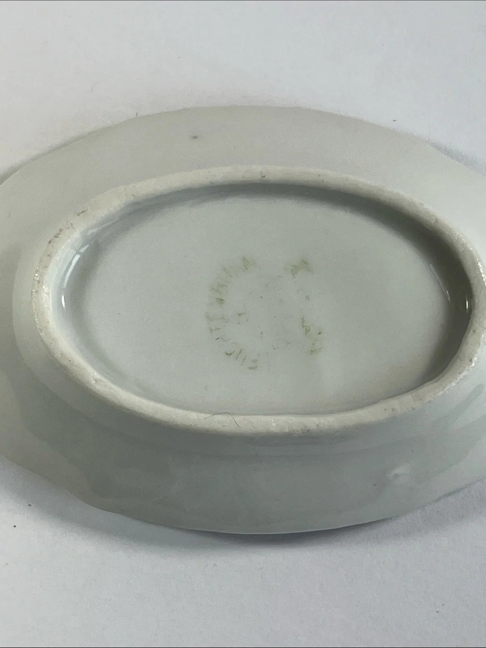 Vintage Miniature Porcelain Oval Trinket Dish with Pink Rose & Green Trim